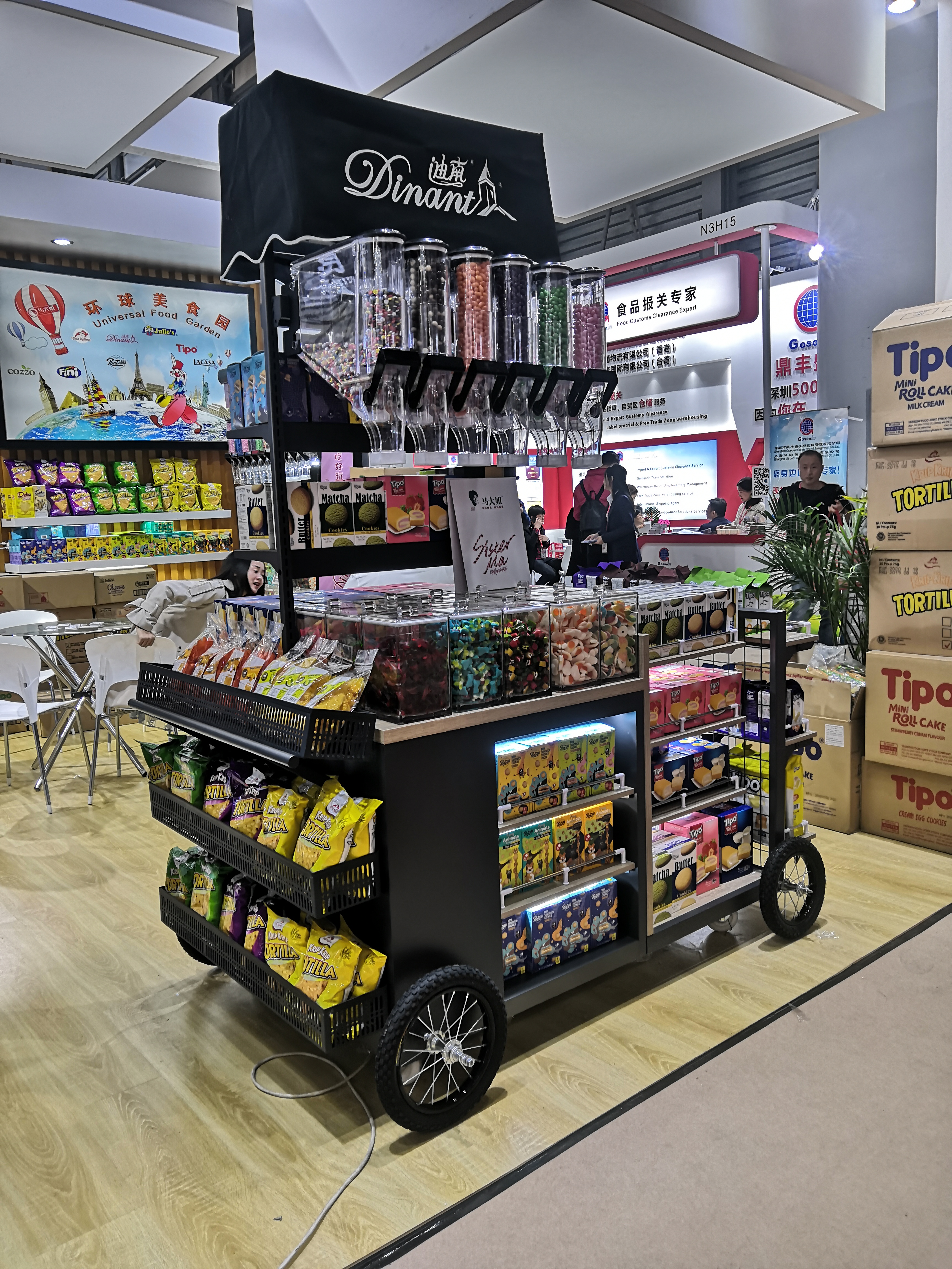 Ecobox supermarket snack nut candy trolley display shelf with gravity bins and bulk bins