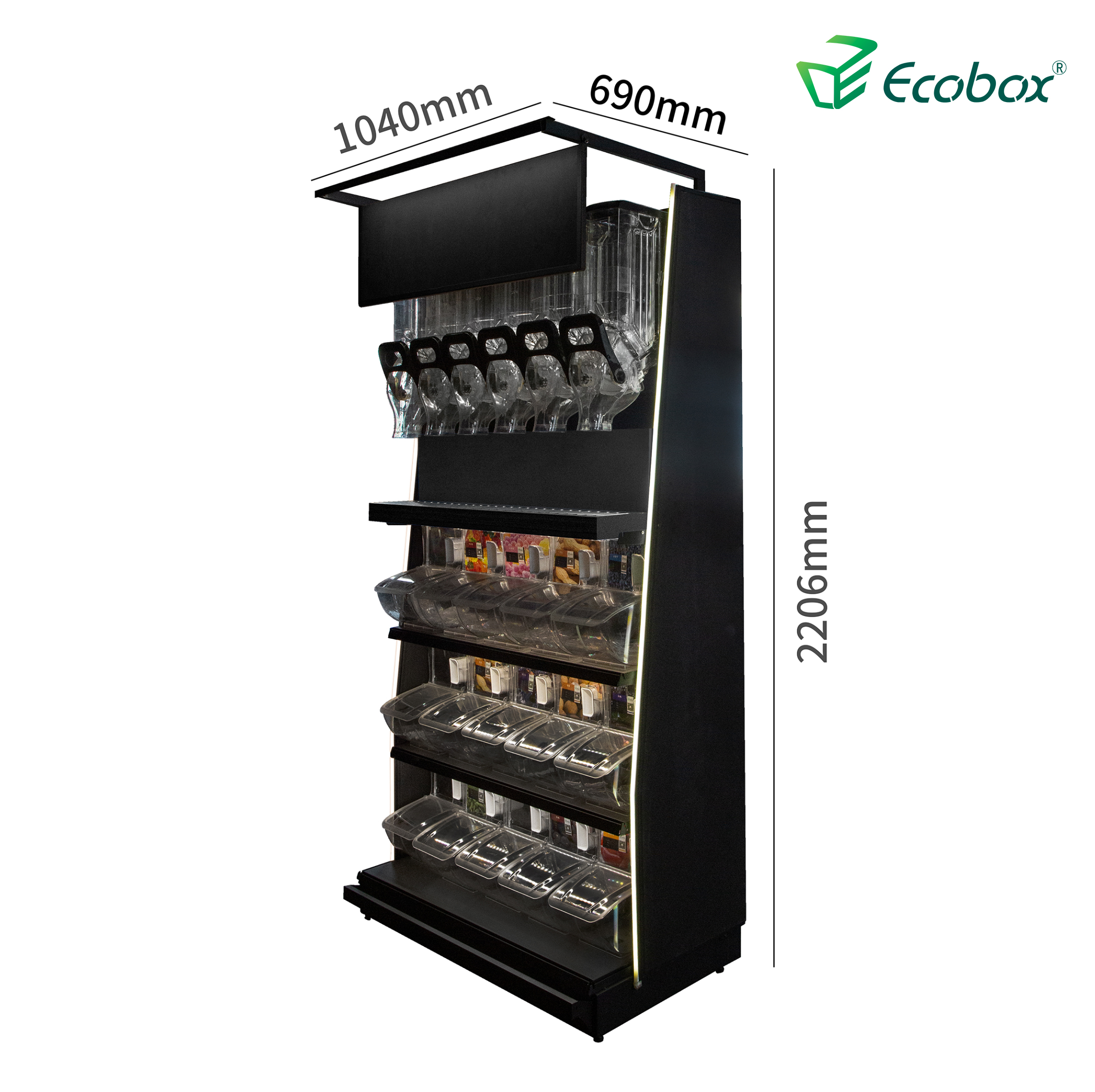 Ecobox TG-0615 Candy nuts display shelf pick n mix solution for bulk merchandising with gravity bin and scoop bins